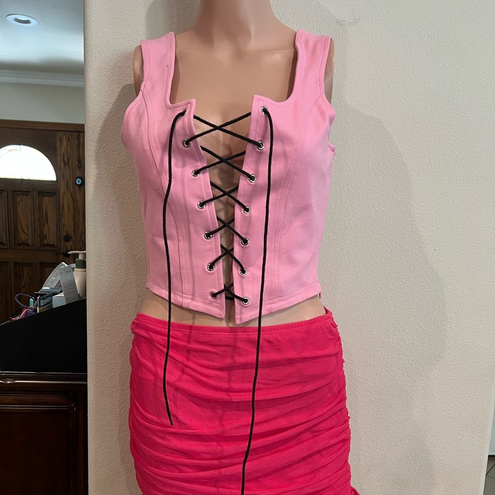 Sexy pink lace up sleeveless top